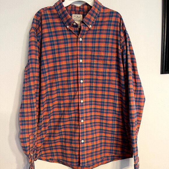 L.L. BEAN Mens Shirt Heavy 100% Cotton Plaid Slightly Fitted Blue Orange Size LG - Picture 1 of 10